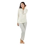 TRAMAS+ Pijama Mujer 100% algodón, Pijama Largo Mujer, Conjunto de Camiseta Manga Larga y Pantalón Largo con Cintura Ajustable, Conjunto para Mujer- M, Raya Brighton Natural