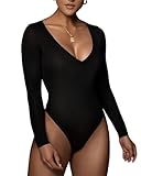 Rongseng Body Mujer Manga Larga cuello en V Bodysuit Tops Sexy Slim Fit Bodies Vestir Básico Leotardo Top Suave Cálida Camisas Lencería Elástico Shapewear Elegante Color Sólido Jumpsuit