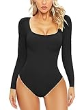 PASUDA Body Mujer Manga Larga Sexy Cuello en U Bodies Leotardo Elástico Mono Casual Bodysuit Jumpsuit Cálida Tops (Negro, M)