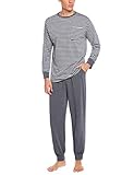 Sykooria Pijama Hombre Algodón Conjunto de Pijama de Manga Larga Ropa de Dormir 2 Piezas Conjunto de Pijama a Rayas y Pantalones Largos con Bolsillos S-3XL(Gris Claro,XXL)