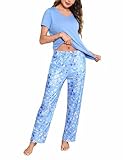 Pijama Mujer Verano Algodón - Conjunto de Pijama de Manga Corta y Pantalones Largo para Dormir con Bolsillos y Cordón,Lindo Estampado y Cómodo