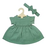 Heless 1424-Ropa algodón 100% orgánico, Juego de 2 Piezas con Vestido y Cinta para el Pelo en Verde Salvia para muñecas y Peluches de tamaño 28-35 cm, Color Green (1424)