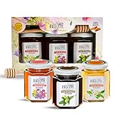 El Brezal - Miel de Flores, Miel de Naranjo y Miel de Bosque - Miel Natural 100% Cosechada en España, Pack Regalo Sabores de España con Cuchara de Madera Incluida (3 Botes de 250 gr)