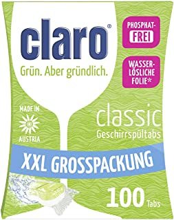 CLARO Classic XXL - 100 Pastillas Ecológicas Sin Fosfatos Para Lavavajillas - Capsulas Detergente con Membrana Disoluble en Agua