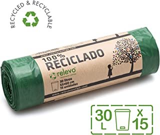 Relevo 100% Reciclado Bolsas de Basura, extra resistentes 30 L, 15 bolsas